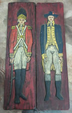 Vintage Yorkcraft PA  Carved Painted Wood Military Soldier Wall Plaque Pair 35.5 picture
