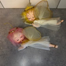 2 Vintage Pink Hair Angel Ornament Pixie Fairy Tulle Sleepy Eye 1960s Japan MCM picture