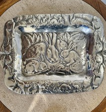 Vintage Mexican Silver Pewter Repoussé Tray Bunny Rabbit Serving Platter 15”x17” picture