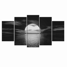 Levvarts 5 Piece Black And White Moon Wall Art Ocean Full Moon Picture Canvas picture
