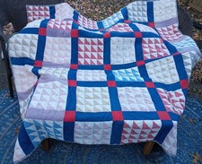 Vtg American Cotton Quilt Half Square Triangle Design Hand Stitched Tied 72x72