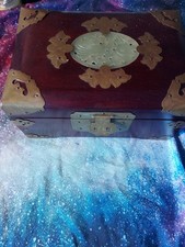 Vtg Wood Brass Shanghai Chinese Jewelry Box Oval Jade Inlay Padded Silk Lined picture