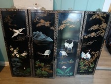 Rare 4 Asian Chinese Red headed white Cranes soapstone black lacquer wall panels picture