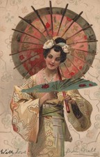 1902 Antique Japanese Geisha Fan Parasol Chromolithograph Postcard to Radlett picture