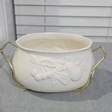 Ceramic Teleflora White Planter w/ Metal Carrying Handles Textured Fruit Design picture