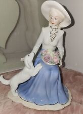 MTME- BEAUTIFUL PORCELAIN LADY WITH DOG FIGURINE, SOFT PASTEL SHADES GOLD TRIM  picture