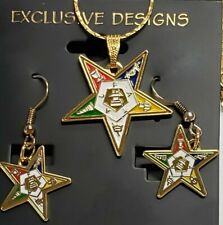 OES Gold Tone Pendant Necklace with Matching Earrings Combo Set - Eastern Star picture