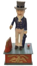 UNCLE SAM 1970's HARD PLASTIC FIGURAL MECHANICAL BANK BICENTENNIAL STILL WORKS picture