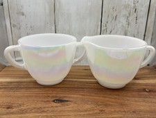 Vintage Federal Glass Moonglow Iridescent Milk Glass Sugar Bowl & Creamer Set picture