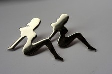 Used Pair Mudflap Girl Pin Badges Silver Tone Reclining Lady Trucker Lapel Pins picture