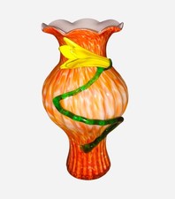 Vintage HAND LOWN Rib Curvy GLASS Applied FLOWER & STEM Mottled ORANGE 10¾