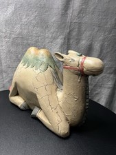 Vintage Wood Camel Figurine Reclining Painted Crackle Finish Folk Art 8
