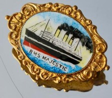 WHITE STAR LINE RMS MAJESTIC BARBERS SHOP FINE GILT HAND PAINTED BADGE C-1920'S picture