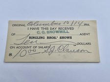 Vintage 1916 Ringling Bros Circus Wage Advance Salary Receipt CG Snowhill picture