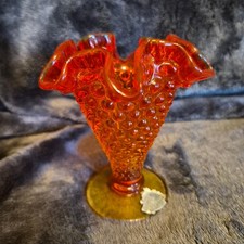 Vintage Fenton Glass Hobnail Mini Ruffled Trumpet Vase Amberina Orange/Yellow picture