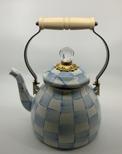 Mackenzie Childs New Sky Check Light Blue 2 Quart Tea Kettle Teapot Authentic picture