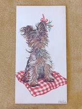 Vintage Hattie Christmas Card Yorkie Dog on Red Gingham Pillow Kristin Elliott  picture