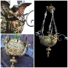 Antique French 19thc bronze sanctuary lamp chandelier archangels religious rare picture
