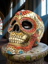 Gothic Day Of The Dead Flower Floral SKULL Skeleton HEAD Sculpture Figurine Gift picture