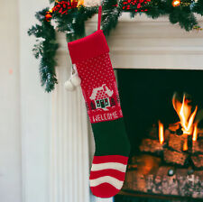 Vtg Knit Welcome Christmas Stocking Welcome Home Red Green White Hanging PomPom picture