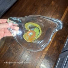 Signed 1968 VINTAGE Green Stretched Hand Blown Pulled Art Studio Glass Bowl   picture