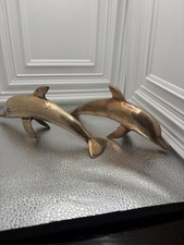 Set of 2 Solid Brass Dolphin Sculptures Swimming Figurines Nautical picture