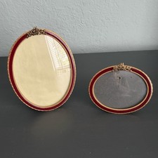 2 VTG Oval Brass Photo Frames Red Enamel Bubble Glass French Regency Flowers picture