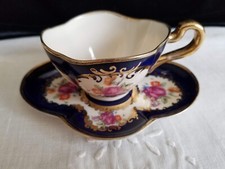 Vintage LENEIGE Porcelain Demitasse Saucer With Cup Gold Trim Floral, Blue  picture
