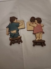 1966 Vintage Cast Aluminum Sexton Cheeky Boy & Girl Wall Hangers picture