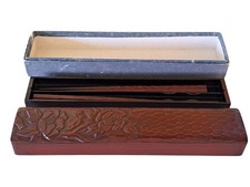 Vtg MCM Hand-Carved Japanese Wooden Chopstick Set Floral Storage Box Traditional picture
