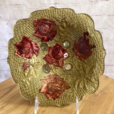 Vintage Goofus Glass Reverse Painted Gold with Red Roses Footed Glass Bowl picture