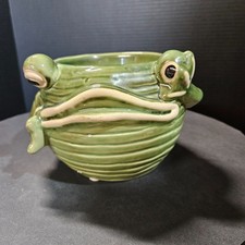 Green Ceramic Frog Planter Big Eyes picture