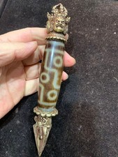 Large 7.0 Inches Rare Tibetan Brass *Dhanada* Inlay Agate Dzi 9Eyed Bead Pendant picture