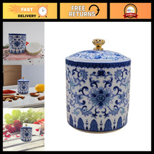 Vintage Blue White Porcelain Salt Cellar with Lid - Airtight Ceramic Spice Jar, picture