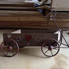 Vintage Wooden Wagon Cart Planter Hand Painted Heart Folk Art Country Decor picture