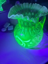 Antique Jefferson Glass Green Uranium Opalescent Water Pitcher Buttons & Braids  picture