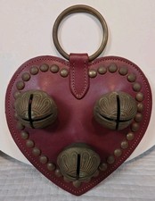 Vintage Leather Heart Breastplate Drop #10 Brass Sleigh Bells Horse Harness Xmas picture