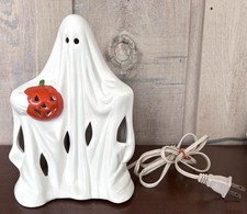 Vintage Halloween Ceramic White Ghost Spooky Jack-O-Lantern Candle/Light Works picture