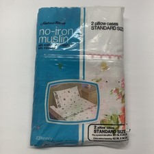JC Penney Fashion Manor Pink Floral Non Iron Muslin Pillowcase Set Vintage picture