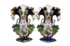 Pair Antique Old Paris Hand Painted Cobalt Blue Gilt Gold Floral Porcelain Vases picture