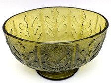 Green Embossed Oval Glass Pedestal Footed Compote Bowl Pressed Leaf Design picture