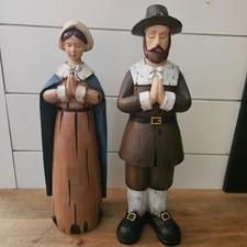 VTG Praying Pilgrim Couple Figurines  Folk Art Thanksgiving Colonial Decor 15