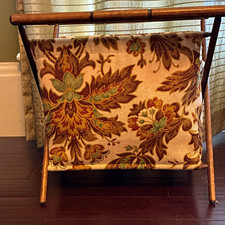 Vintage MCM Floral Tapestry Wooden Frame Folding Knitting Storage Basket Caddy picture