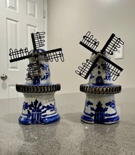 Vintage Delft Holland Windmill Salt Pepper Shakers 835 Silver Blue White Dutch picture