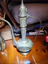 Vintage Brass Hand Etched Indian Dallah/genie Pitcher / Adtaba Ewer & Cat picture