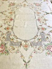 Vintage Linen Hand Embroidered Needle Work Tablecloth, Ornate Floral/Scrolls picture