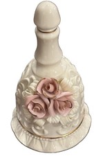 Ivory Porcelain Hand Bell 3D Pink Rose Flowers Gold Accents Lenox Style Vintage  picture