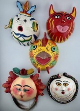Mexican Folk Art Coconut Shell Masks Lot 5 Hand Painted Sun Devil 1970s VTG picture