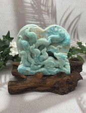 Large Hemimorphite Nine Tailed Fox Heart on Natural Wood Stand Gemstone Carving picture