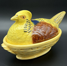 Antique Majolica Barbotine Nesting Pheasant Dish R.V. Italy Art Nouveau Box picture